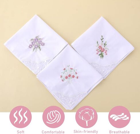 Ladies Cotton Handkerchiefs Flower Embroidered with Lace Ladies' Vintage Floral Lace Handkerchiefs for Wedding Party (6 Pack) in Saudi Arabia
