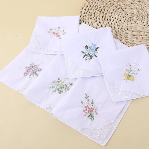 Ladies Cotton Handkerchiefs Flower Embroidered with Lace Ladies' Vintage Floral Lace Handkerchiefs for Wedding Party (6 Pack) in Saudi Arabia
