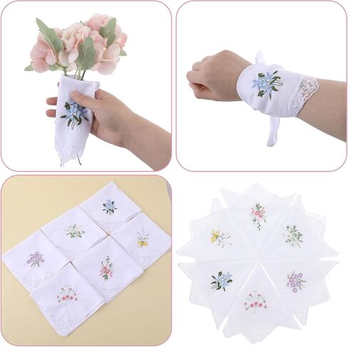 Ladies Cotton Handkerchiefs Flower Embroidered with Lace Ladies' Vintage Floral Lace Handkerchiefs for Wedding Party (6 Pack) in Saudi Arabia