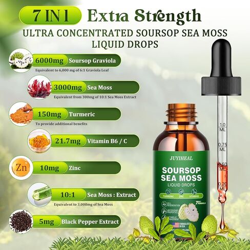 17-in-1 Soursop Detox Liquid Drop, 1900MG Soursop Bitters Liquid with Activated Charcoal, Zeolite & Bentonite Clay, Chlorella, Prebiotics for Liver Gut Digestive Toxin Detox Cleanse Immune Boost in Kuwait