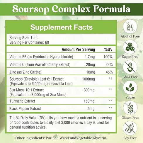 17-in-1 Soursop Detox Liquid Drop, 1900MG Soursop Bitters Liquid with Activated Charcoal, Zeolite & Bentonite Clay, Chlorella, Prebiotics for Liver Gut Digestive Toxin Detox Cleanse Immune Boost in Kuwait