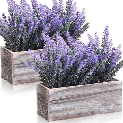 Giegxin 2 Pack Fake Lavender Flower Plant in Rustic Rectangular Wood Planter Box Artificial Potted Lavender Plant for Home Decor Wedding Indoor Faux Potted Herb Greenery Arrangement Gifts in Saudi Arabia