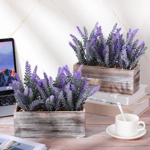 Giegxin 2 Pack Fake Lavender Flower Plant in Rustic Rectangular Wood Planter Box Artificial Potted Lavender Plant for Home Decor Wedding Indoor Faux Potted Herb Greenery Arrangement Gifts in Saudi Arabia