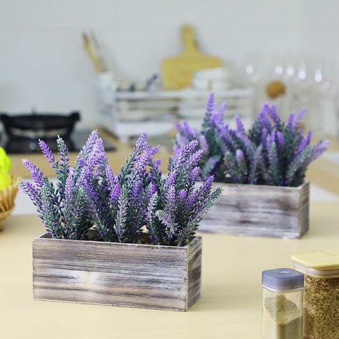 Giegxin 2 Pack Fake Lavender Flower Plant in Rustic Rectangular Wood Planter Box Artificial Potted Lavender Plant for Home Decor Wedding Indoor Faux Potted Herb Greenery Arrangement Gifts in Saudi Arabia