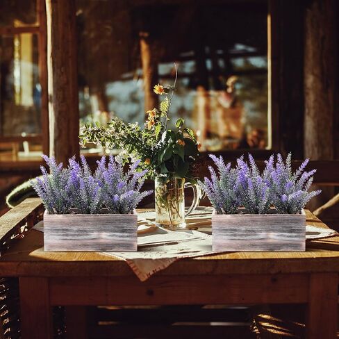 Giegxin 2 Pack Fake Lavender Flower Plant in Rustic Rectangular Wood Planter Box Artificial Potted Lavender Plant for Home Decor Wedding Indoor Faux Potted Herb Greenery Arrangement Gifts in Saudi Arabia