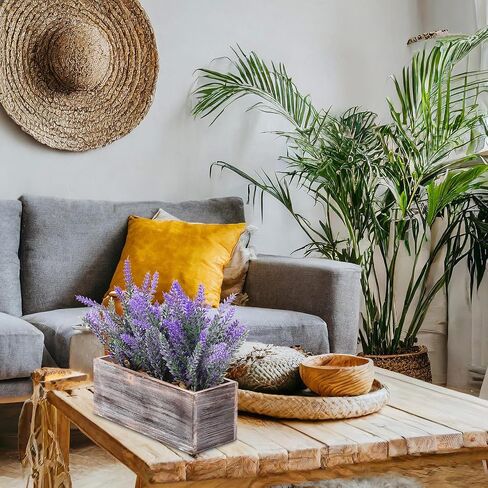 Giegxin 2 Pack Fake Lavender Flower Plant in Rustic Rectangular Wood Planter Box Artificial Potted Lavender Plant for Home Decor Wedding Indoor Faux Potted Herb Greenery Arrangement Gifts in Saudi Arabia