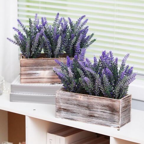 Giegxin 2 Pack Fake Lavender Flower Plant in Rustic Rectangular Wood Planter Box Artificial Potted Lavender Plant for Home Decor Wedding Indoor Faux Potted Herb Greenery Arrangement Gifts in Saudi Arabia