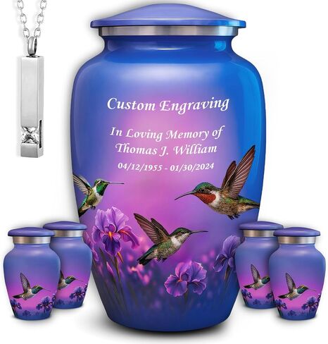 Set of 6 Funeral & Cremation Urn for Ashes for Women & Men with 1 Large Hummingbird Decorative Urns for Human Ashes Adult Female, 4 Small Keepsakes and 1 NecklaceUrn - Handcrafted in India in Saudi Arabia