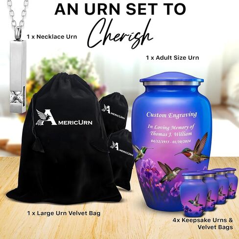 Set of 6 Funeral & Cremation Urn for Ashes for Women & Men with 1 Large Hummingbird Decorative Urns for Human Ashes Adult Female, 4 Small Keepsakes and 1 NecklaceUrn - Handcrafted in India in Saudi Arabia