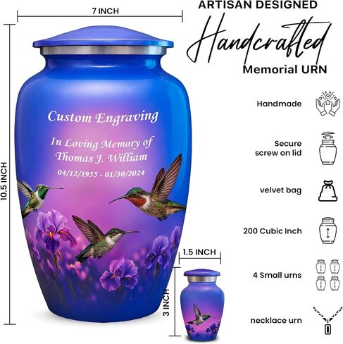 Set of 6 Funeral & Cremation Urn for Ashes for Women & Men with 1 Large Hummingbird Decorative Urns for Human Ashes Adult Female, 4 Small Keepsakes and 1 NecklaceUrn - Handcrafted in India in Saudi Arabia
