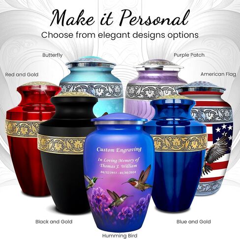 Set of 6 Funeral & Cremation Urn for Ashes for Women & Men with 1 Large Hummingbird Decorative Urns for Human Ashes Adult Female, 4 Small Keepsakes and 1 NecklaceUrn - Handcrafted in India in Saudi Arabia