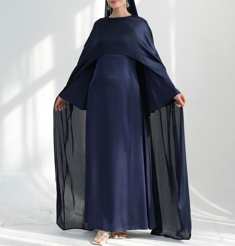 Hanimeli Women's Satin Corset Evening Gown with Removable Cape Long Sleeves Maxi Dress Elegant Abaya for Eid Weddings Prom in Saudi Arabia