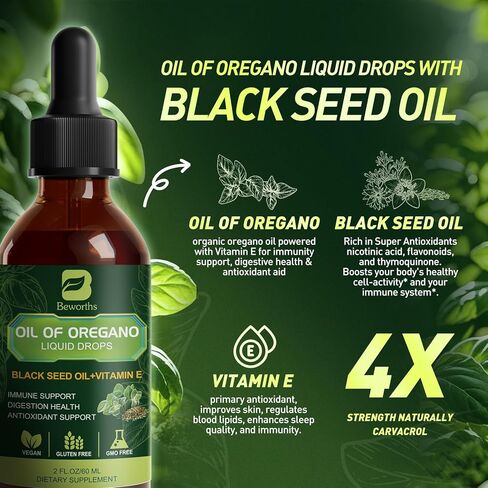 B BEWOTHS Oregano Oil Drops, Oil of Oregano with Black Seed Oil, Vitamin E, Wild Harvest Oil of Oregano Liquid Herbal Blend for Immune, Antioxidant, Digestive Gut Cleanser, Kidney Health Support-Vegan in Kuwait