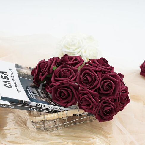 Artificial Flowers Real Looking Rose 25pcs Foam Rose with Stems Eternal Fake Rose for Wedding Home Decor Bridal Shower DIY Decoration Table Centerpieces, Floral Arrangements, Ivory in Saudi Arabia