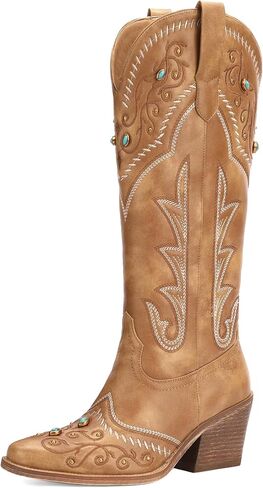 Women's Exquisite Embroidery Western Cowboy Boots with Studs & Emerald Gemstones, Knee High Wide Calf Cowgirl Boots for Fall Fashion in Saudi Arabia