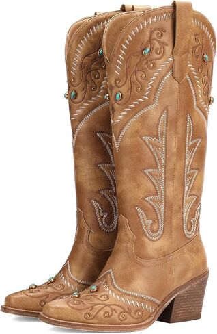 Women's Exquisite Embroidery Western Cowboy Boots with Studs & Emerald Gemstones, Knee High Wide Calf Cowgirl Boots for Fall Fashion in Saudi Arabia