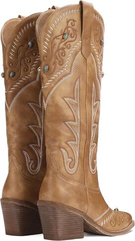 Women's Exquisite Embroidery Western Cowboy Boots with Studs & Emerald Gemstones, Knee High Wide Calf Cowgirl Boots for Fall Fashion in Saudi Arabia