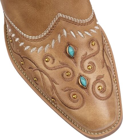Women's Exquisite Embroidery Western Cowboy Boots with Studs & Emerald Gemstones, Knee High Wide Calf Cowgirl Boots for Fall Fashion in Saudi Arabia