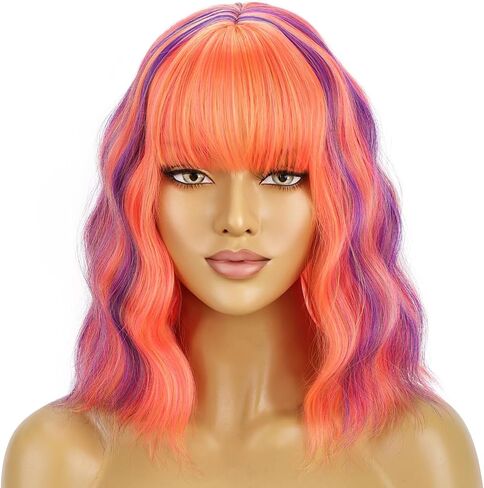 BERON 14 Inches Hot Pink Wig with Bangs Short Curly Wig Hot Pink Mix purple Orange Curly Wigs for Women Daily Party or Cosplay Hairnet Include in Kuwait