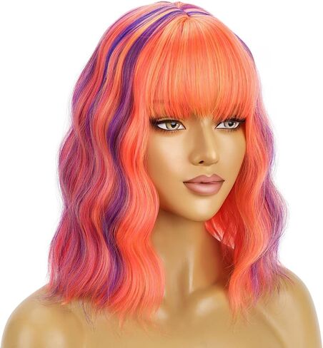 BERON 14 Inches Hot Pink Wig with Bangs Short Curly Wig Hot Pink Mix purple Orange Curly Wigs for Women Daily Party or Cosplay Hairnet Include in Kuwait