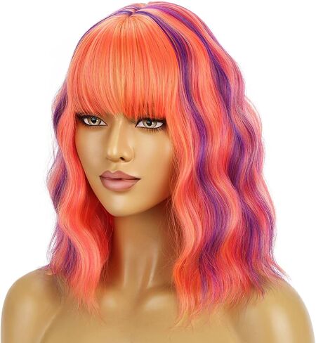 BERON 14 Inches Hot Pink Wig with Bangs Short Curly Wig Hot Pink Mix purple Orange Curly Wigs for Women Daily Party or Cosplay Hairnet Include in Kuwait