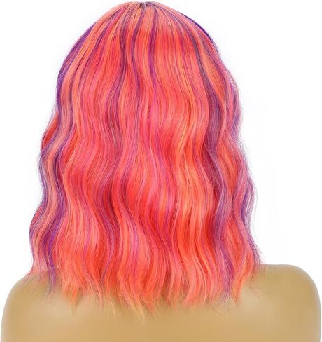 BERON 14 Inches Hot Pink Wig with Bangs Short Curly Wig Hot Pink Mix purple Orange Curly Wigs for Women Daily Party or Cosplay Hairnet Include in Kuwait