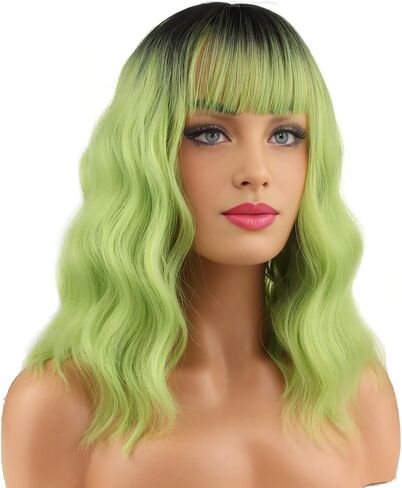 BERON 14 Inches Hot Pink Wig with Bangs Short Curly Wig Hot Pink Mix purple Orange Curly Wigs for Women Daily Party or Cosplay Hairnet Include in Kuwait