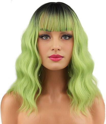 BERON 14 Inches Hot Pink Wig with Bangs Short Curly Wig Hot Pink Mix purple Orange Curly Wigs for Women Daily Party or Cosplay Hairnet Include in Kuwait