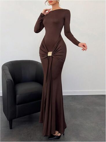 Gorglitter نساء المعادن مشبك bodycon فستان طويل الأكمام طاقم الرقبة كوكتيل الفساتين الطويلة in Saudi Arabia