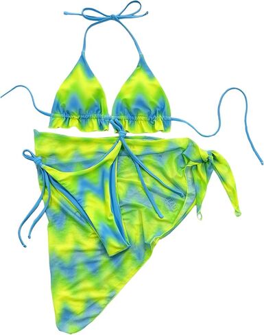 SOLY HUX Women's 3 Piece Swimsuit Tie Dye Frill Trim Tie Side Halter Bikini Set with Cover Up Skirt in Saudi Arabia
