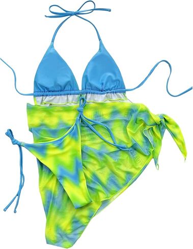 SOLY HUX Women's 3 Piece Swimsuit Tie Dye Frill Trim Tie Side Halter Bikini Set with Cover Up Skirt in Saudi Arabia