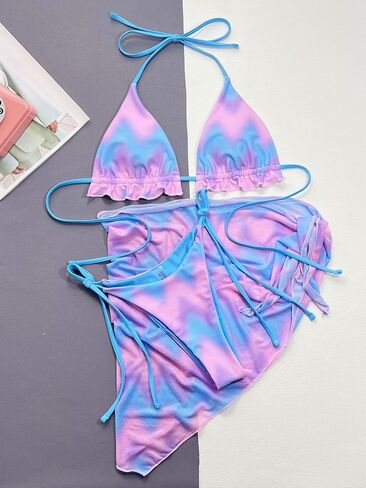 SOLY HUX Women's 3 Piece Swimsuit Tie Dye Frill Trim Tie Side Halter Bikini Set with Cover Up Skirt in Saudi Arabia