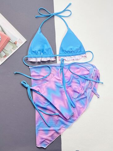 SOLY HUX Women's 3 Piece Swimsuit Tie Dye Frill Trim Tie Side Halter Bikini Set with Cover Up Skirt in Saudi Arabia