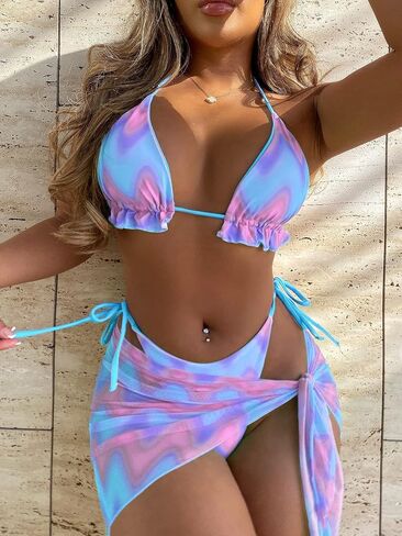 SOLY HUX Women's 3 Piece Swimsuit Tie Dye Frill Trim Tie Side Halter Bikini Set with Cover Up Skirt in Saudi Arabia