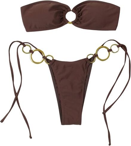 GORGLITTER Women's Strapless Bikini Set String High Cut Thong Ring Linked Bandeau Swimsuits in Saudi Arabia
