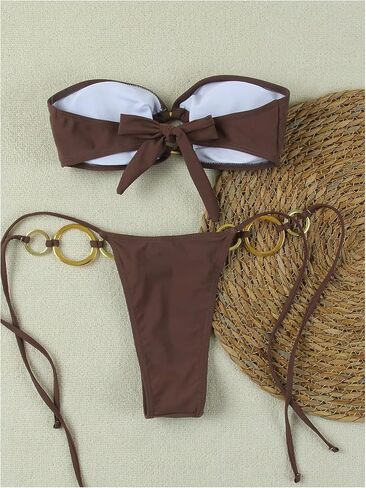 GORGLITTER Women's Strapless Bikini Set String High Cut Thong Ring Linked Bandeau Swimsuits in Saudi Arabia