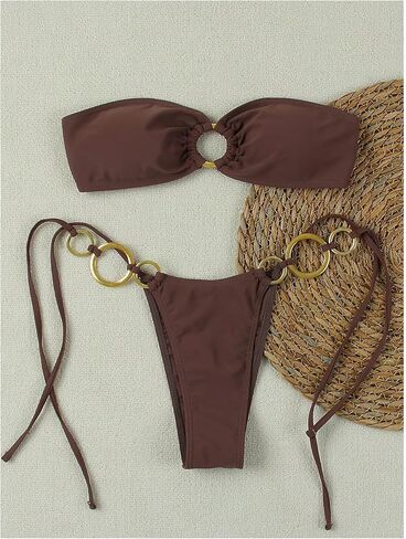 GORGLITTER Women's Strapless Bikini Set String High Cut Thong Ring Linked Bandeau Swimsuits in Saudi Arabia