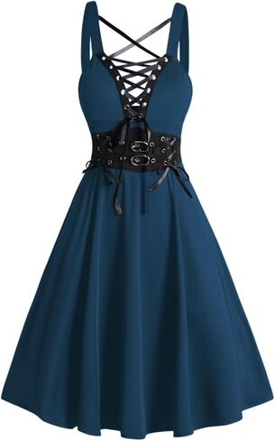 DRESSFO Women's Gothic Cocktail Dress 65s Lace Up Retro Rockabilly Plunging Neck High Waisted A Line Party Swing Dress in Kuwait