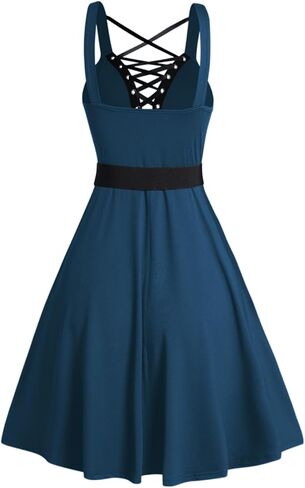 DRESSFO Women's Gothic Cocktail Dress 65s Lace Up Retro Rockabilly Plunging Neck High Waisted A Line Party Swing Dress in Kuwait