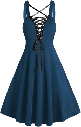 DRESSFO Women's Gothic Cocktail Dress 65s Lace Up Retro Rockabilly Plunging Neck High Waisted A Line Party Swing Dress in Kuwait
