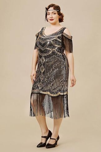 نساء زائد الحجم فساتين الزعنفة 1920s v الرقبة المخرمة من Great Gatsby Club & Night Out Dresses in Kuwait