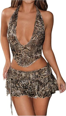 SHENHE Women's Sexy Y2k 2 Piece Outfits Leopard Halter Backless Crop Top Layered Ruffle Mini Skirt Set in Saudi Arabia