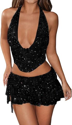 SHENHE Women's Sexy Y2k 2 Piece Outfits Leopard Halter Backless Crop Top Layered Ruffle Mini Skirt Set in Saudi Arabia