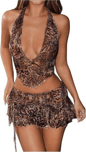 SHENHE Women's Sexy Y2k 2 Piece Outfits Leopard Halter Backless Crop Top Layered Ruffle Mini Skirt Set in Saudi Arabia