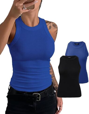 Chicme Womens 2 قطعة بلا أكمام قمم الصناديق الصيف غير الرسمي الأساسي مضلعة مضلعة السميك السميك المتسابق in Kuwait