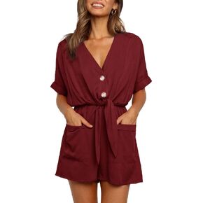 Ivay Womens V Neck Button Rompers Knot Tie Short Sleeve Sexy Loose Playsuit Jumpsuit with Pockets in Kuwait