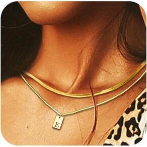 RechicGu 2pcs, Gold Initial Necklaces for Women, 14K Gold Plated Letter Necklace, 2 Layered Choker A-Z Pendant Herringbone Box Chain Dainty Necklace Tag Personalized Name Stack Jewelry Gift in Saudi Arabia