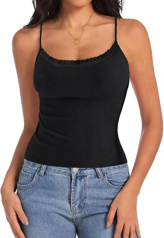 Womens Lace Camisole Cropped Tank Tops Y2K Square Neck Adjustable Spaghetti Strap Cami Sexy Sleeveless Shirt in Saudi Arabia
