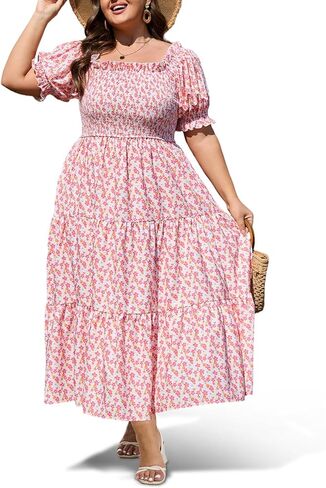 Women's Plus Size Casual Maxi Dress Square Neck Smocked Dress Short Puff Sleeve Floral Solid Summer Dress in Kuwait