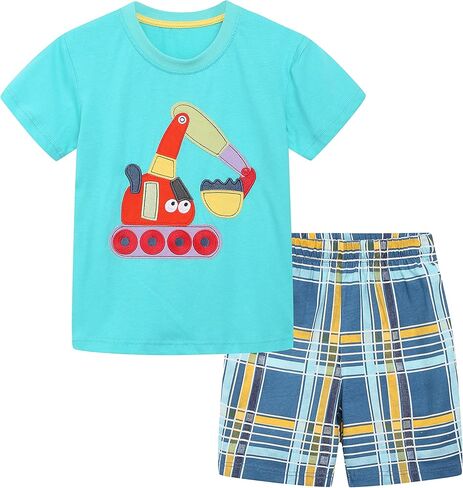 HILEELANG Toddler Boy Summer Short Clothes Sets Cotton Crewneck Tees Shorts Beach Playwear Outfits in Saudi Arabia